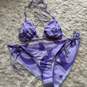 Purple Butterfly Patterned Three Piece Bikini Set